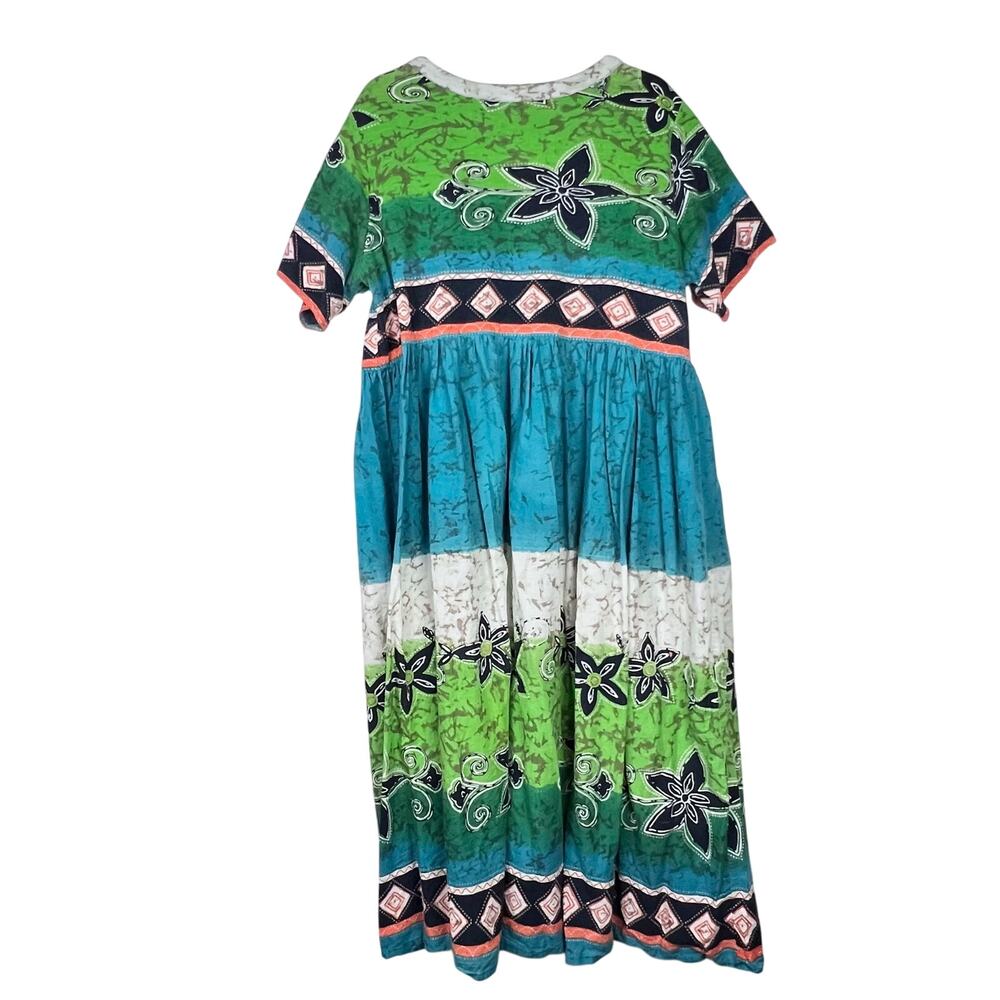 Only Necessities Maxi Dress Women's Blue Green Boho Mumu Cotton Dress 1X - Picture 3 of 11